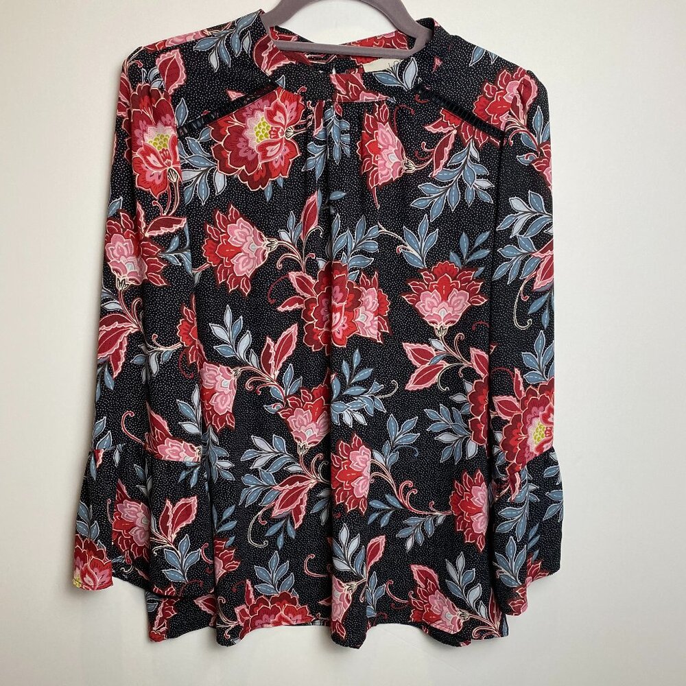 LOFT Black & Multicolor Floral Boho Flowy Blouse w/ Bell Sleeves - Sz M